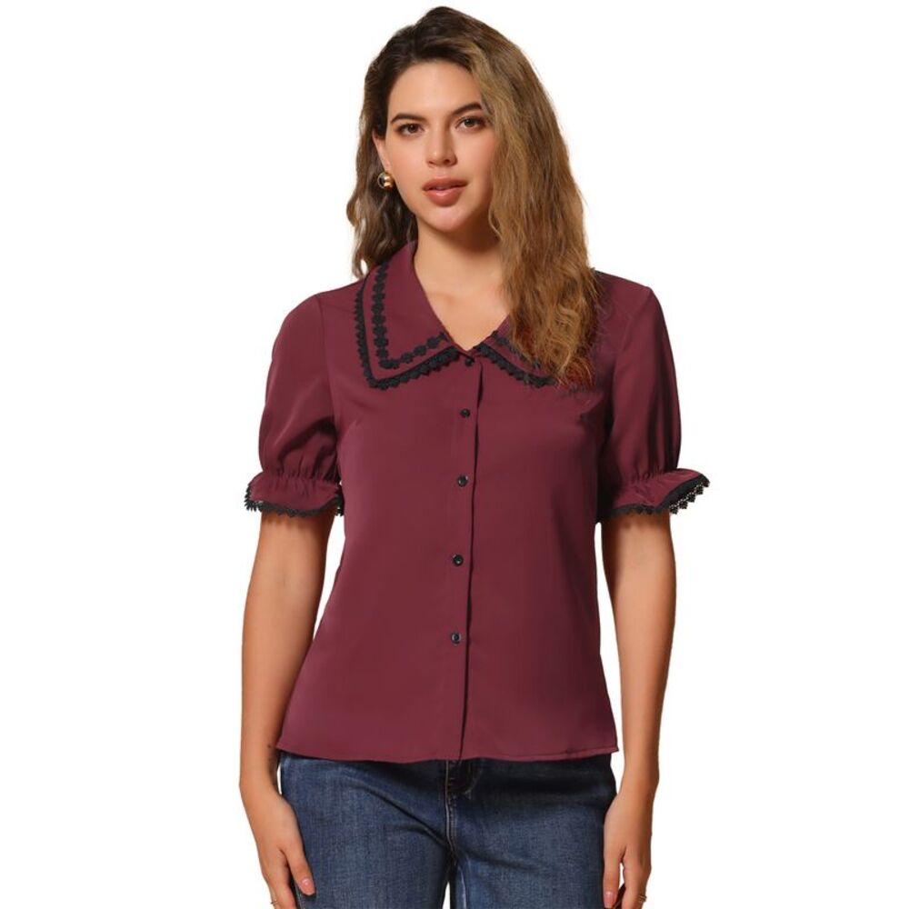 Sweet Peter Pan Contrast Collar Short Sleeves Button Up Blouse Wine Red